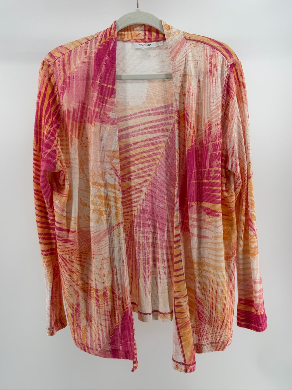 Chico's 100% Linen Pink Orange Abstract Palm Print Open Front Cardigan, Medium